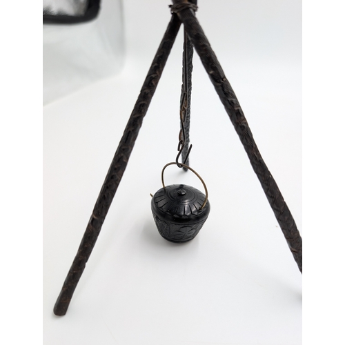 19 - Seven 19th C. Irish bog oak pot stands and spinning wheel. {12 cm H x 4 cm W x 4 cm D} approx.
