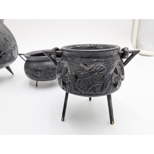 20 - Six items of 19th C. Irish bog oak including three legged pot inkwell and other pots. {10 cm H x 11 ... 