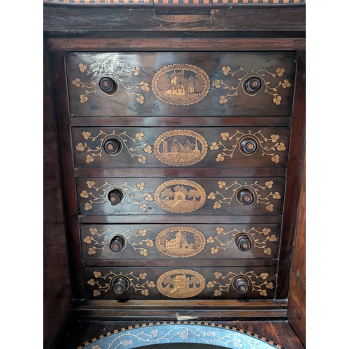 206 - 19th. C. Irish Killarney wood arbutus and marquetry davenport the raised panel back inlaid with a ce... 