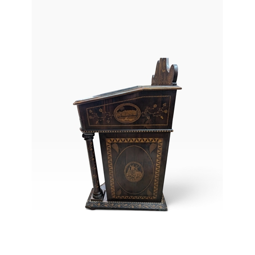 206 - 19th. C. Irish Killarney wood arbutus and marquetry davenport the raised panel back inlaid with a ce... 