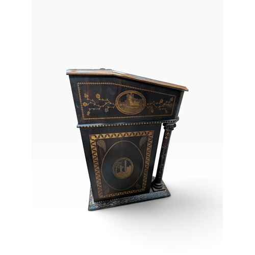 206 - 19th. C. Irish Killarney wood arbutus and marquetry davenport the raised panel back inlaid with a ce... 