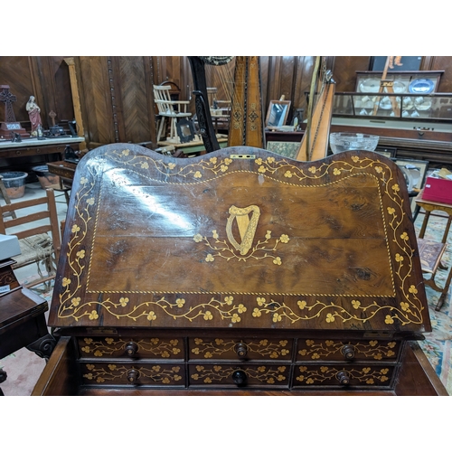 206 - 19th. C. Irish Killarney wood arbutus and marquetry davenport the raised panel back inlaid with a ce... 