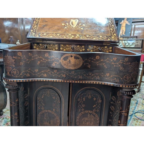 206 - 19th. C. Irish Killarney wood arbutus and marquetry davenport the raised panel back inlaid with a ce... 
