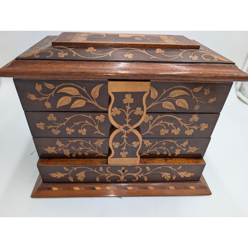 24 - 19th C. Irish Killarney wood arbutus and marquetry jewellery box, the lid inlaid with  Shamrocks and... 