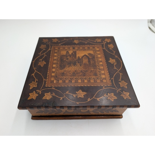 25 - 19th C. Irish Killarney wood arbutus and marquetry box the lid inlaid with Ivy Leaf and vignette of ... 