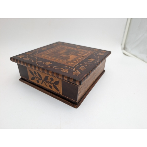 25 - 19th C. Irish Killarney wood arbutus and marquetry box the lid inlaid with Ivy Leaf and vignette of ... 