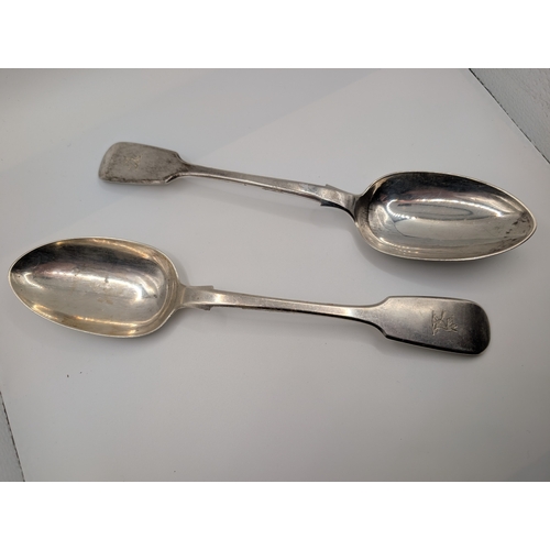3 - Two Irish silver spoons. Maker John Smith Dublin 1866. Weight 150 gms.  {22 cm L}.