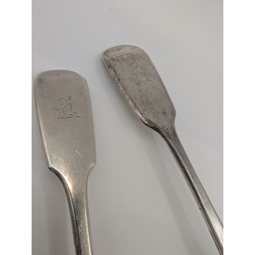 3 - Two Irish silver spoons. Maker John Smith Dublin 1866. Weight 150 gms.  {22 cm L}.