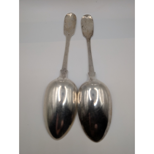 3 - Two Irish silver spoons. Maker John Smith Dublin 1866. Weight 150 gms.  {22 cm L}.