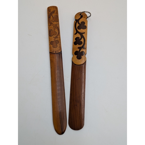 31 - Two 19th C. Irish Killarney wood arbutus and marquetry  page turners inlaid with Shamrocks and Ivy L... 