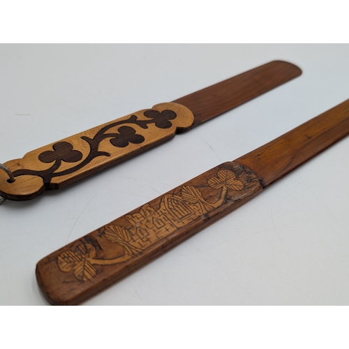 31 - Two 19th C. Irish Killarney wood arbutus and marquetry  page turners inlaid with Shamrocks and Ivy L... 