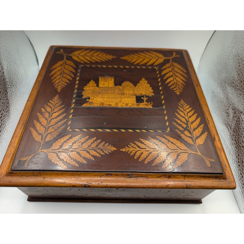 4 - 19th C. Irish Killarney wood arbutus and marquetry box inlaid with ferns and Shamrocks and vignette ... 