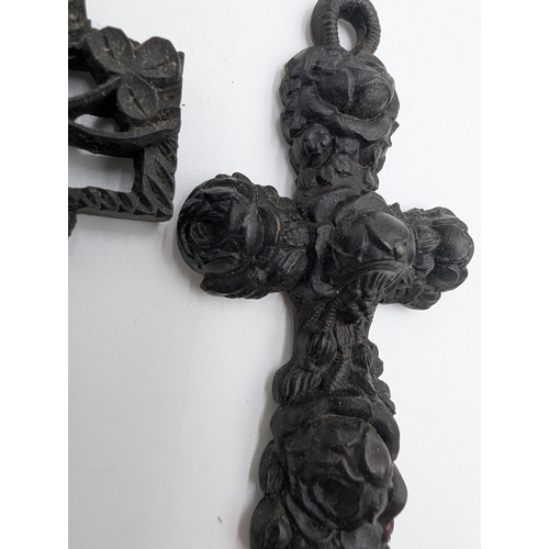 41 - Three 19th C. Irish bog oak crosses, three bracelets and three brooches.