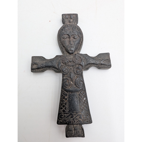 42 - Three 19th C. Irish bog oak bracelets, three brooches and single cross pendant.