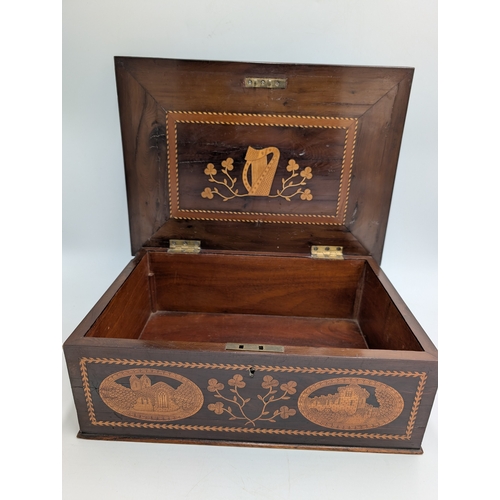 45 - 19th C. Irish Killarney wood arbutus and marquetry  box inlaid with Shamrocks  and oval vignettes of... 