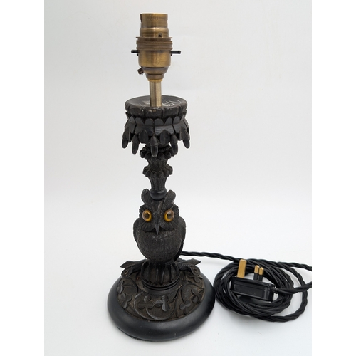 49 - 19th C. Irish bog oak lamp with carved Owl decorated with Shamrocks. {33 cm H x 13 cm Dia.}.