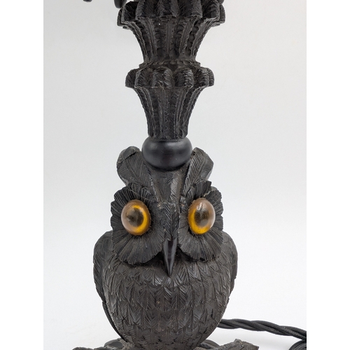 49 - 19th C. Irish bog oak lamp with carved Owl decorated with Shamrocks. {33 cm H x 13 cm Dia.}.