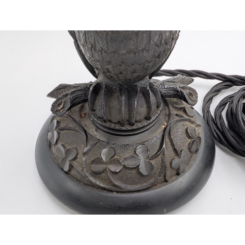 49 - 19th C. Irish bog oak lamp with carved Owl decorated with Shamrocks. {33 cm H x 13 cm Dia.}.