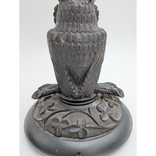 49 - 19th C. Irish bog oak lamp with carved Owl decorated with Shamrocks. {33 cm H x 13 cm Dia.}.