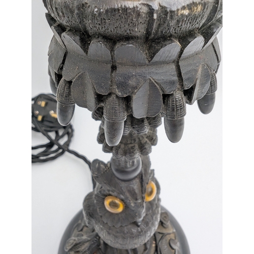 49 - 19th C. Irish bog oak lamp with carved Owl decorated with Shamrocks. {33 cm H x 13 cm Dia.}.
