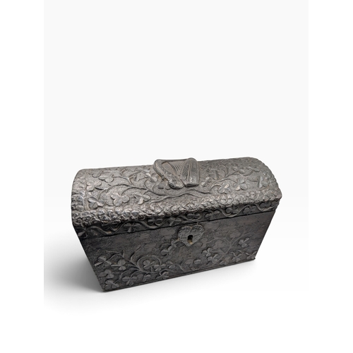 5 - 19th C. Irish bog oak dome topped writing box carved with Shamrocks and Harps. {14 cm H x 24 cm W x ... 