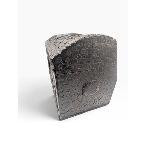 5 - 19th C. Irish bog oak dome topped writing box carved with Shamrocks and Harps. {14 cm H x 24 cm W x ... 