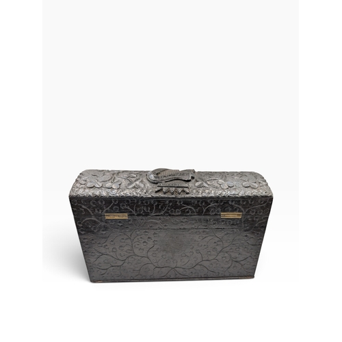5 - 19th C. Irish bog oak dome topped writing box carved with Shamrocks and Harps. {14 cm H x 24 cm W x ... 