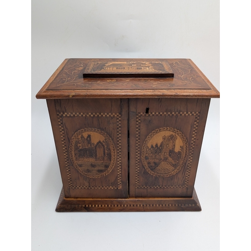 50 - 19th C. Irish Killarney wood arbutus and marquetry jewellery box inlaid with vignettes of Muckross A... 