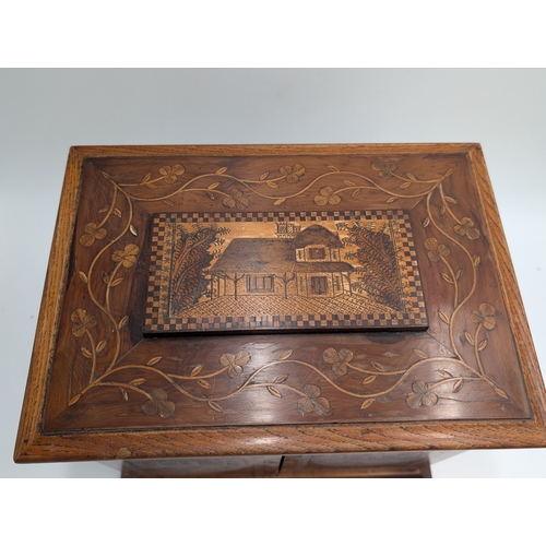 50 - 19th C. Irish Killarney wood arbutus and marquetry jewellery box inlaid with vignettes of Muckross A... 
