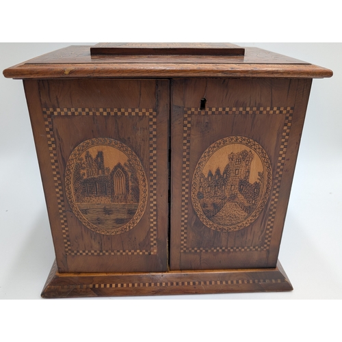 50 - 19th C. Irish Killarney wood arbutus and marquetry jewellery box inlaid with vignettes of Muckross A... 