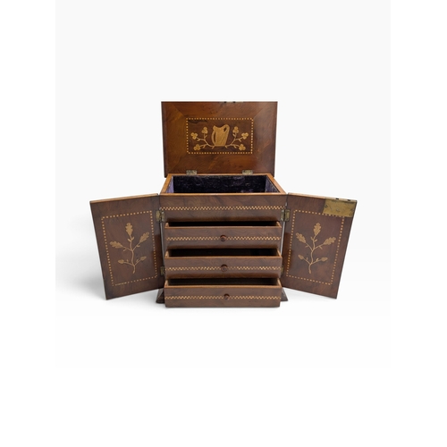 50 - 19th C. Irish Killarney wood arbutus and marquetry jewellery box inlaid with vignettes of Muckross A... 