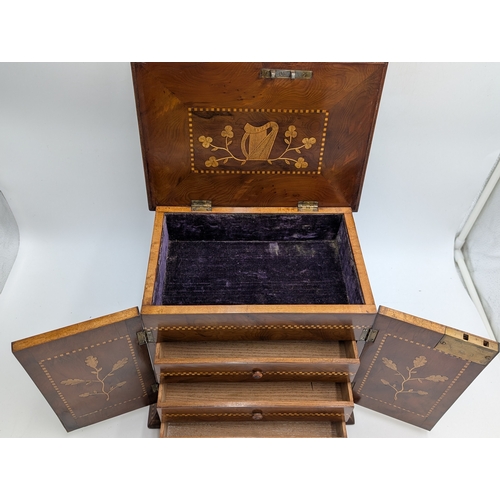 50 - 19th C. Irish Killarney wood arbutus and marquetry jewellery box inlaid with vignettes of Muckross A... 