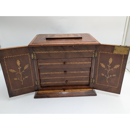 50 - 19th C. Irish Killarney wood arbutus and marquetry jewellery box inlaid with vignettes of Muckross A... 