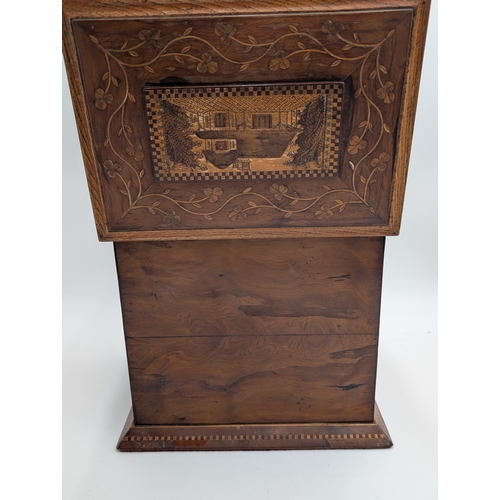 50 - 19th C. Irish Killarney wood arbutus and marquetry jewellery box inlaid with vignettes of Muckross A... 