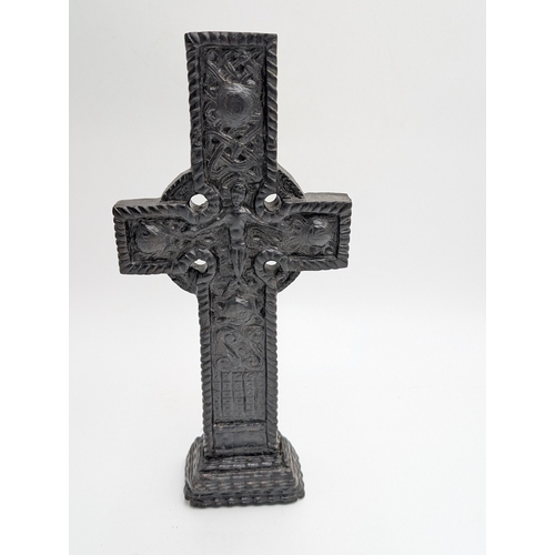 51 - 19th C. Irish bog oak Celtic cross. {33 cm H x 15 cm W x 6 cm D}.