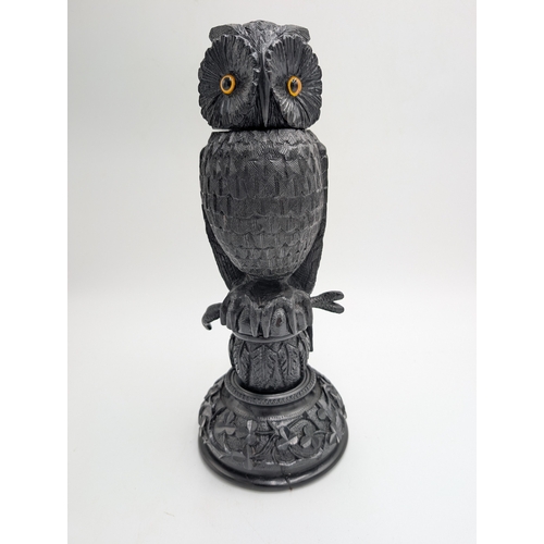 56 - 19th C. Irish bog oak carved Owl. {30 cm H x 12 cm Dia.}.