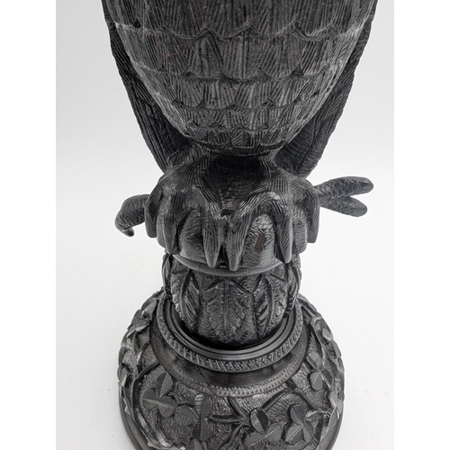 56 - 19th C. Irish bog oak carved Owl. {30 cm H x 12 cm Dia.}.