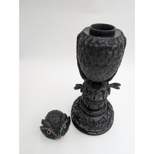 56 - 19th C. Irish bog oak carved Owl. {30 cm H x 12 cm Dia.}.
