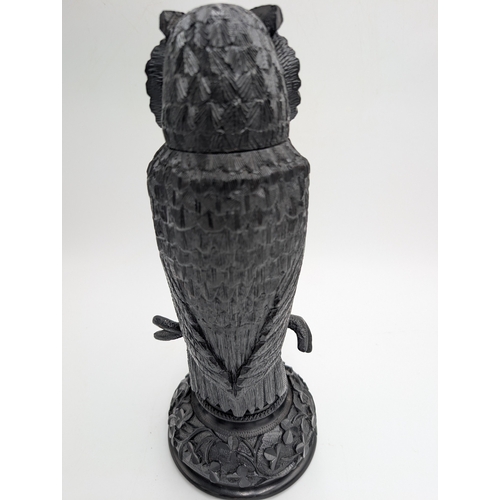 56 - 19th C. Irish bog oak carved Owl. {30 cm H x 12 cm Dia.}.