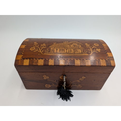 57 - 19th C. Irish Killarney wood arbutus and marquetry dome topped lidded box inlaid with Glena Cottage,... 