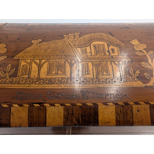57 - 19th C. Irish Killarney wood arbutus and marquetry dome topped lidded box inlaid with Glena Cottage,... 