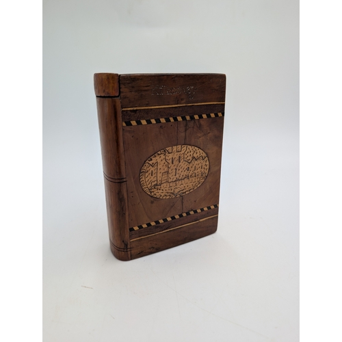 58 - 19th C. Irish Killarney wood arbutus and marquetry Bible box inlaid  with vignettes of Castle and Ha... 