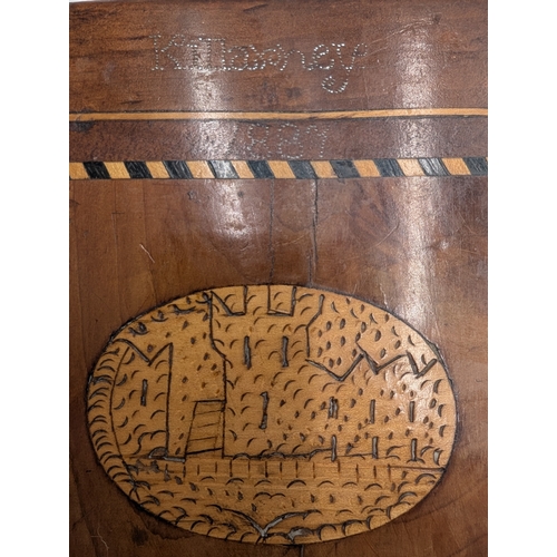 58 - 19th C. Irish Killarney wood arbutus and marquetry Bible box inlaid  with vignettes of Castle and Ha... 