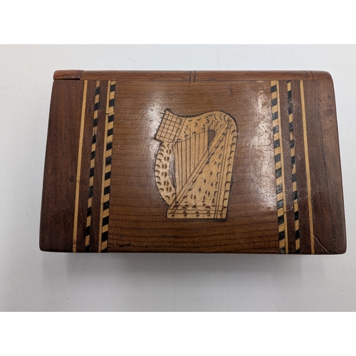 58 - 19th C. Irish Killarney wood arbutus and marquetry Bible box inlaid  with vignettes of Castle and Ha... 