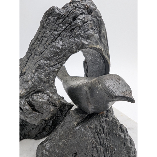 59 - 19th C. Irish bog oak model of Bird in nest on marble base. {18 cm H x 20 cm W x 14 cm D}.