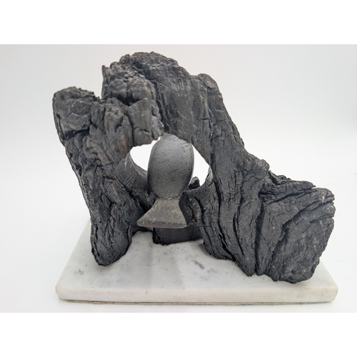 59 - 19th C. Irish bog oak model of Bird in nest on marble base. {18 cm H x 20 cm W x 14 cm D}.