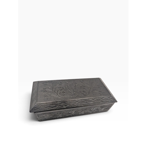6 - 19th C. Irish bog oak box carved with Harps and Shamrocks. {4 cm H x 16 cm W x 8 cm D}.