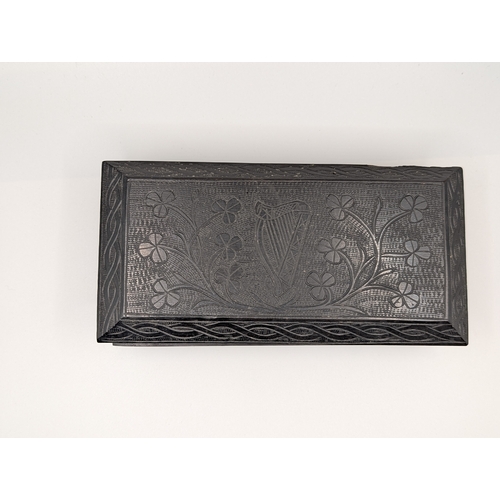 6 - 19th C. Irish bog oak box carved with Harps and Shamrocks. {4 cm H x 16 cm W x 8 cm D}.