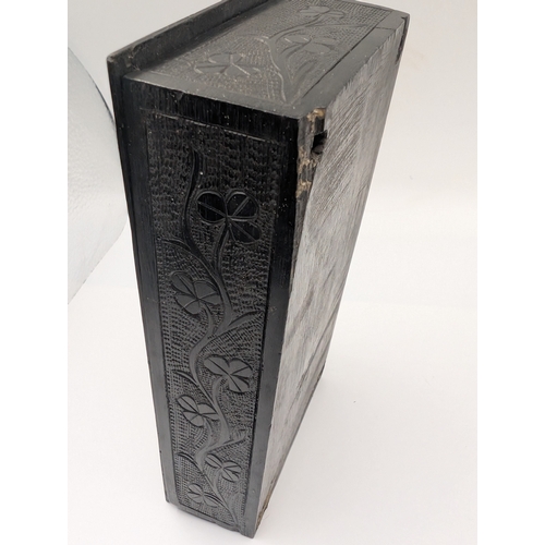 6 - 19th C. Irish bog oak box carved with Harps and Shamrocks. {4 cm H x 16 cm W x 8 cm D}.