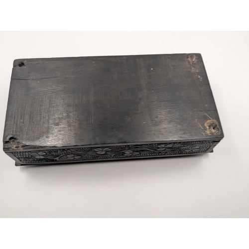6 - 19th C. Irish bog oak box carved with Harps and Shamrocks. {4 cm H x 16 cm W x 8 cm D}.